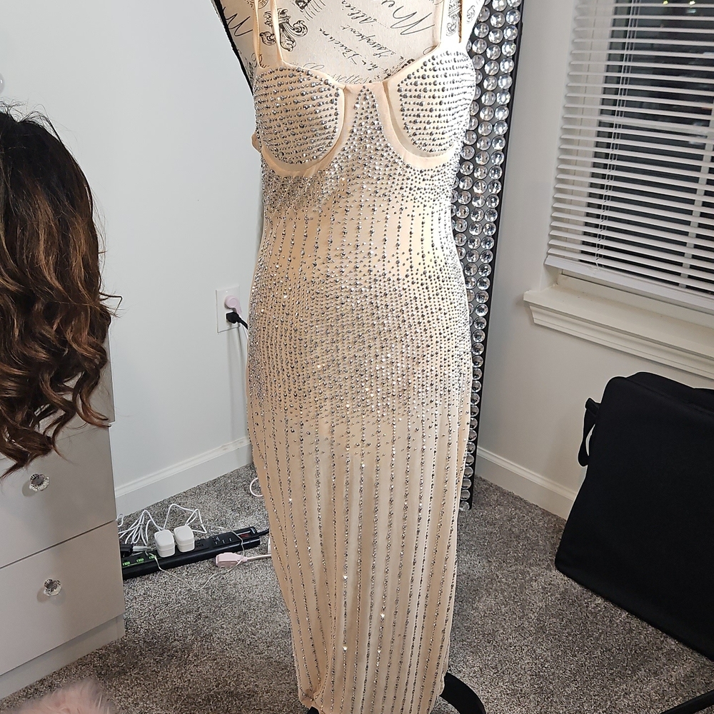 Glamorous Beaded Dress in Nude and Silver